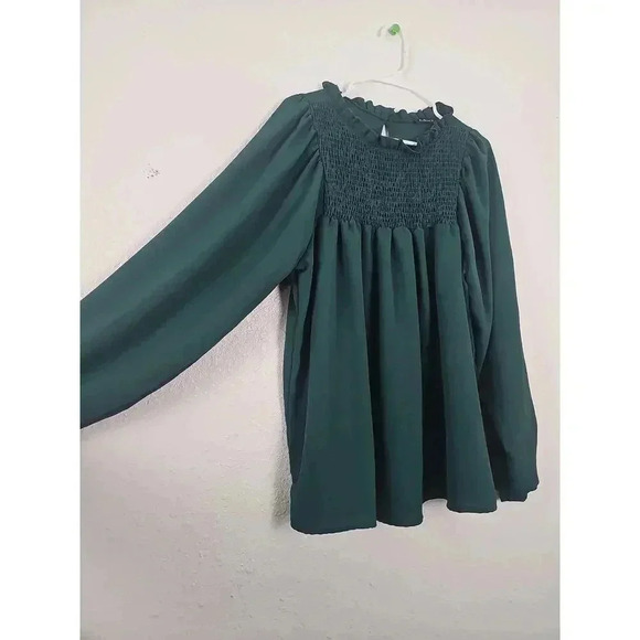 Adara Womens Green Long Sleeve Smocked Peasant Blouse - Picture 2 of 6